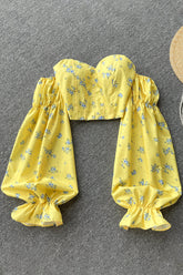 Chemisier fleuri sans bretelles, élastique, froncé, slim, manches longues, épaules dénudées, chemisier court